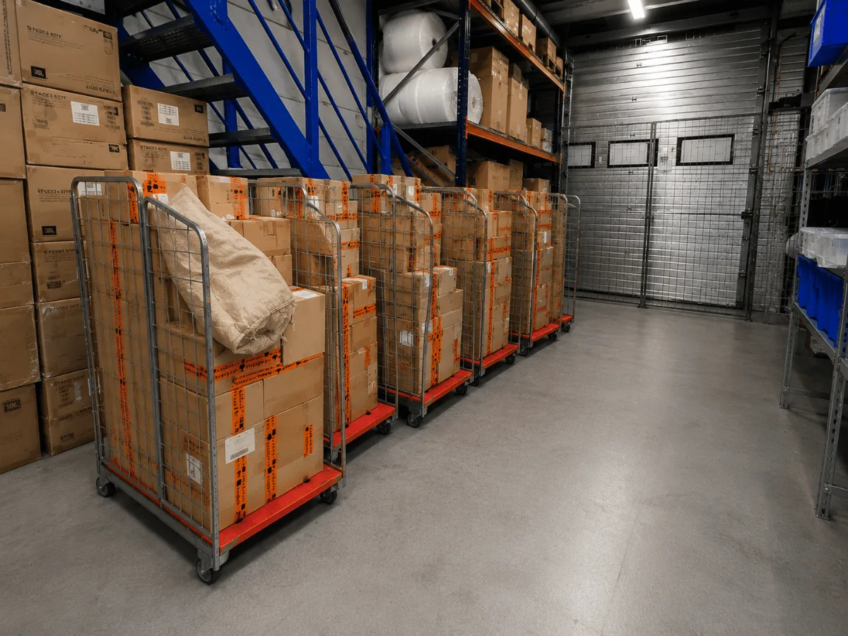 Magazijn van AudioVolt met bestellingen klaar voor verzending